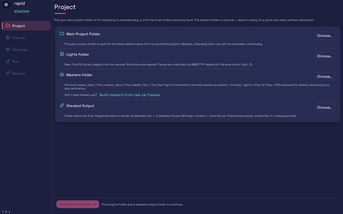 The Project screen before any folders are selected