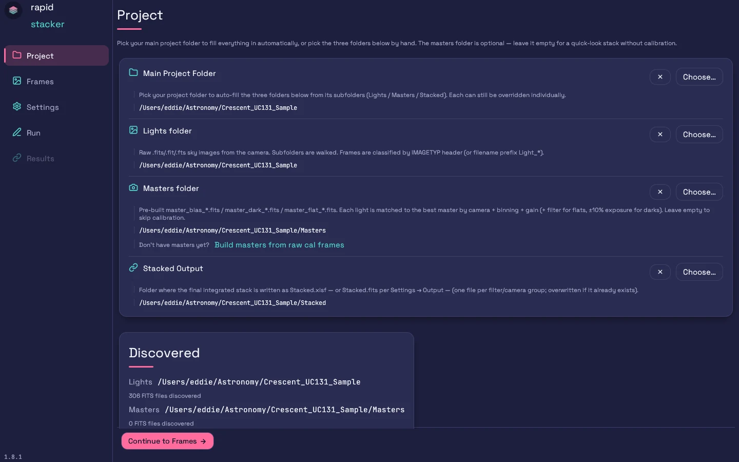 The Project screen with all folders filled in and frames discovered