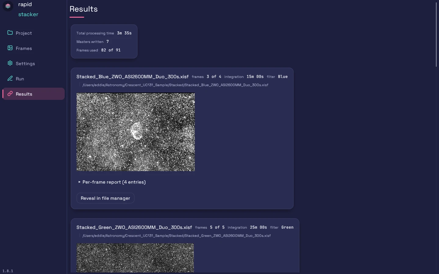 Results screen: one card per stacked group with previews and per-frame reports