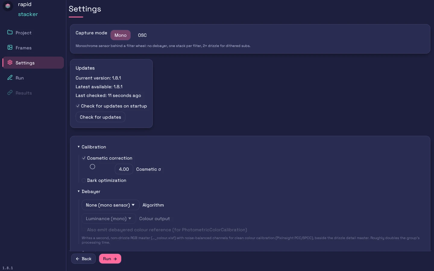 The Settings screen: capture mode, updates, and the pipeline groups