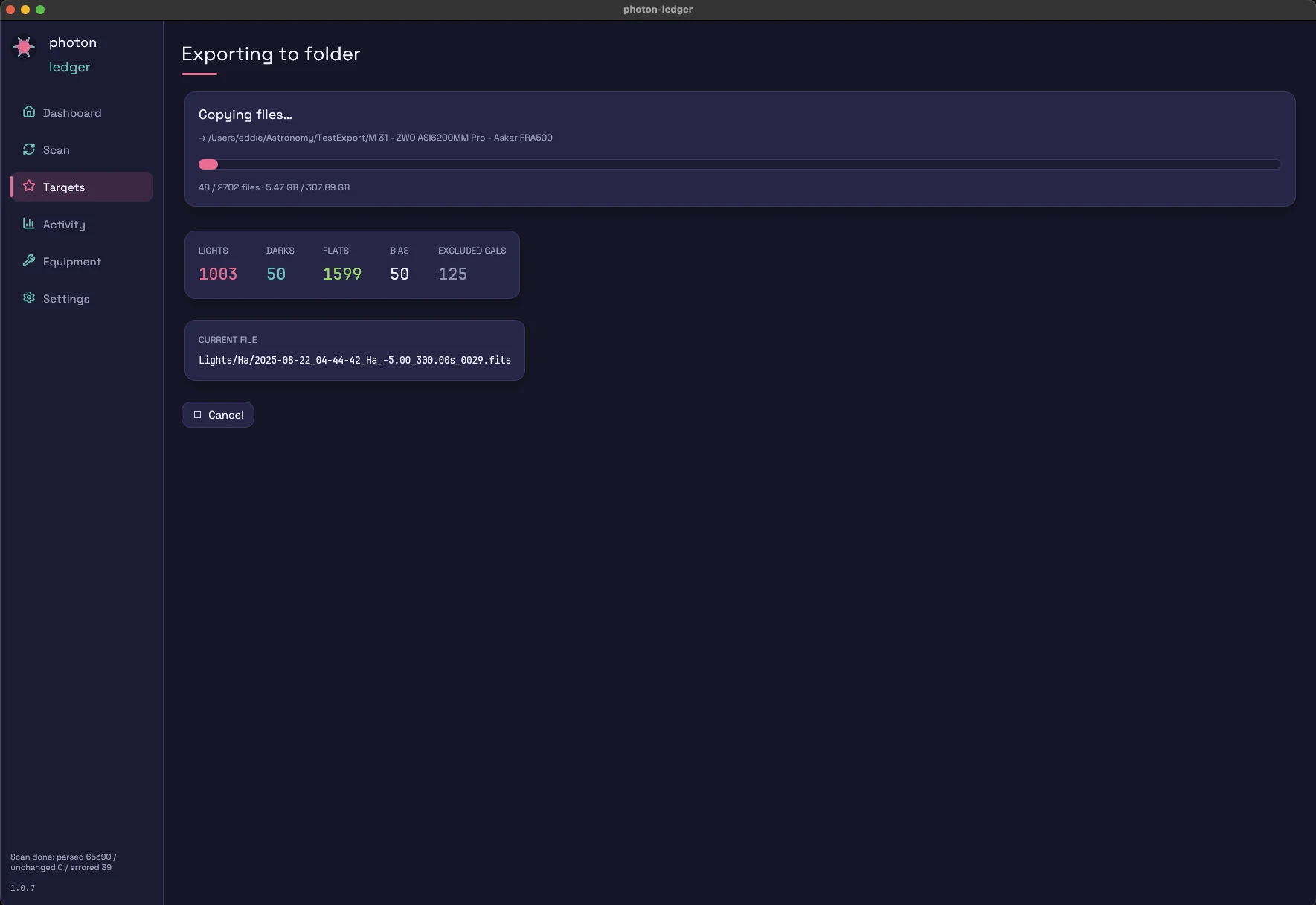 Folder Export in progress: per-frame-type counters for LIGHTS, DARKS, FLATS, BIAS, and EXCLUDED CALS with live progress