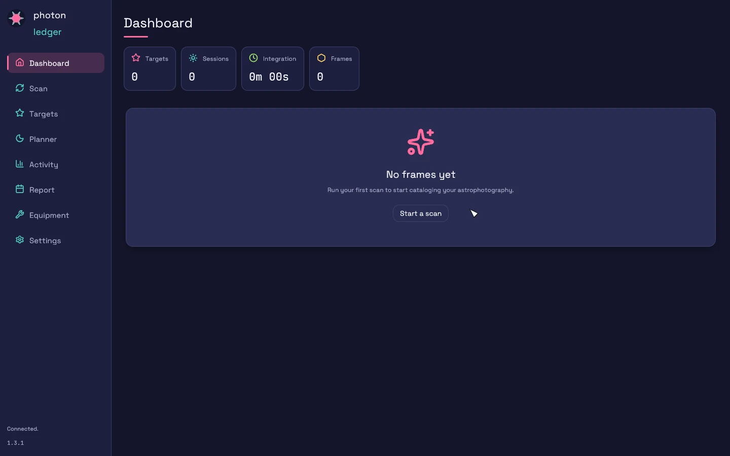 Empty dashboard showing zero targets, sessions, integration, and frames