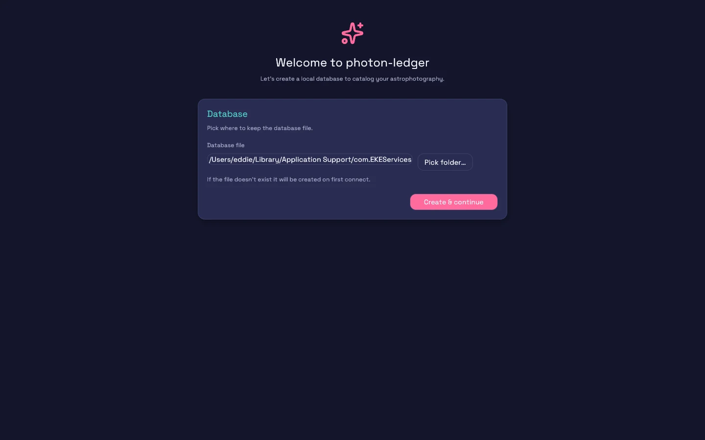 First-run database setup screen with SQLite selected as the default backend