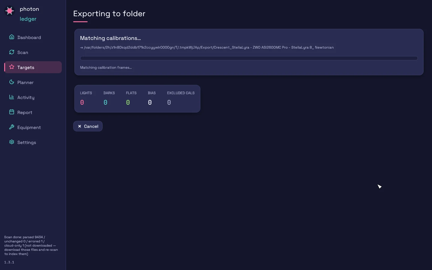 Folder export in progress with live per-type tally of lights, darks, flats, and biases