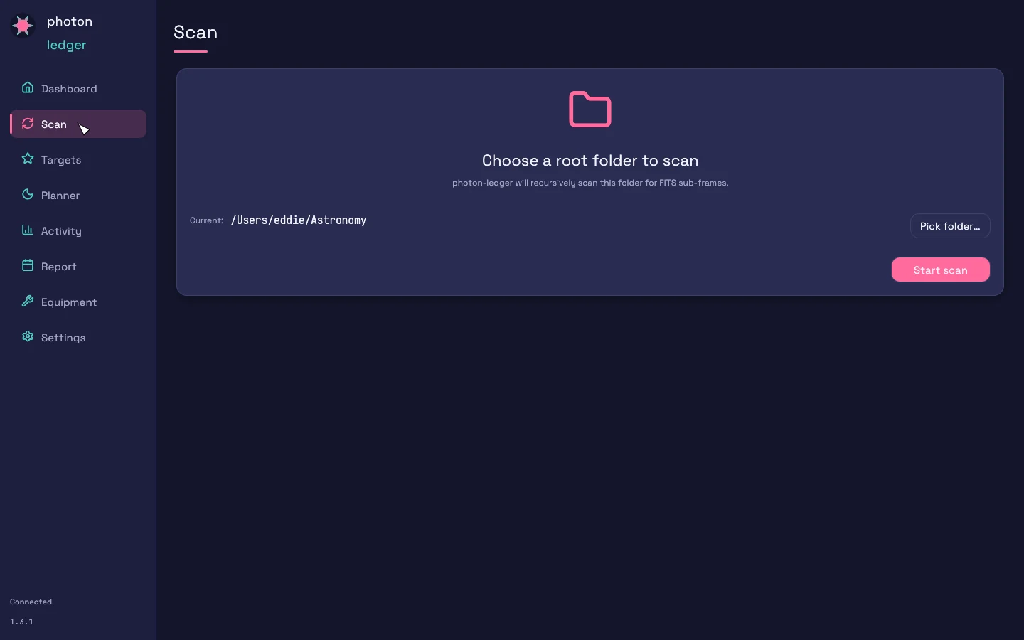Scan root-folder picker with the archive root folder selected