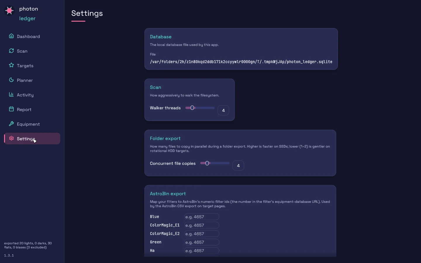 Settings screen: database file, walker threads, concurrent file copies, and AstroBin filter-ID mapping